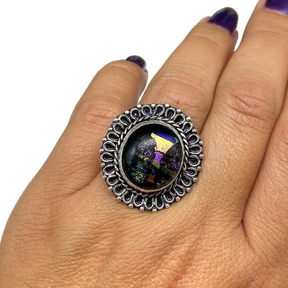 Dichroic Art Glass Ring Size 6.5 925 Sterling Silver Overlay Chunky Statement - Picture 3 of 6